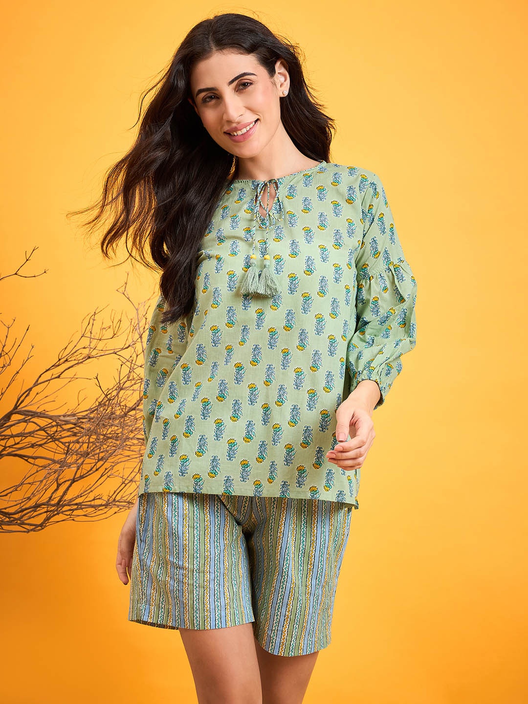 

The Kaftan Company Printed Pure Cotton Top With Shorts Co-Ords, Green