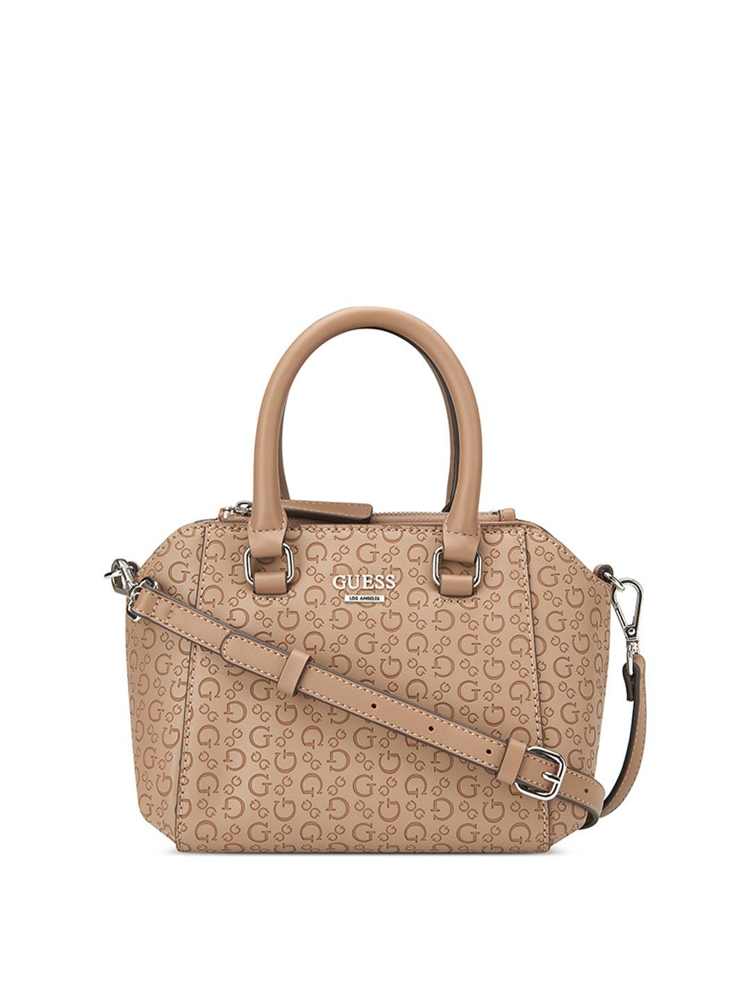 

GUESS Women Printed PU Structured Satchel, Taupe