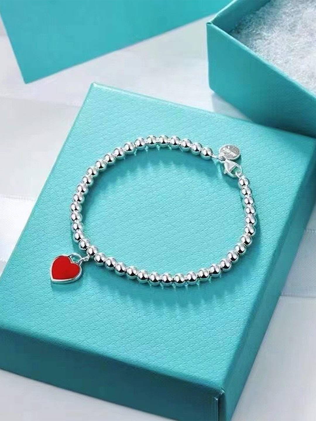 

MYKI Silver-Plated Stainless Steel Beaded Heart Charm Bracelet