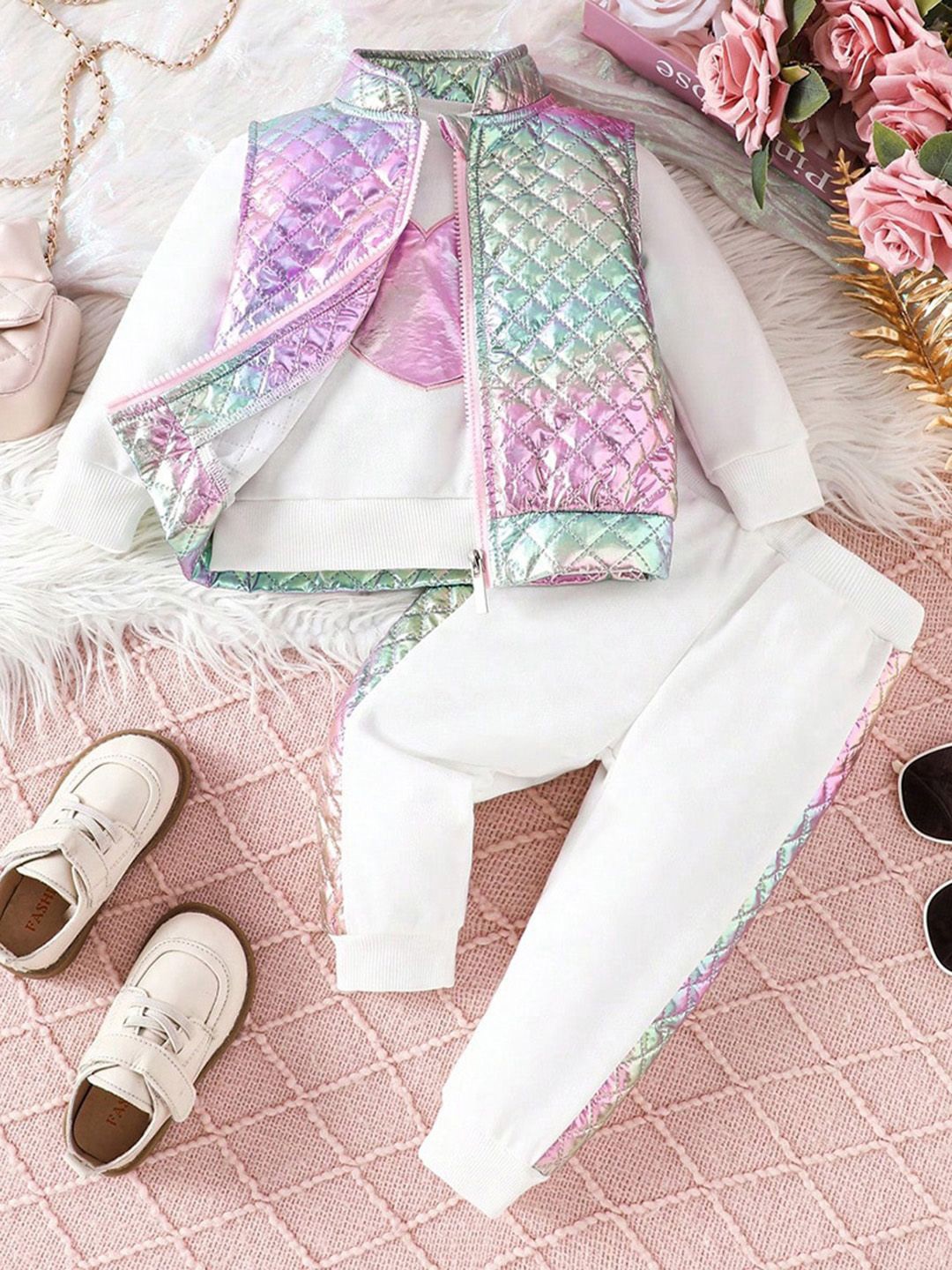 

INCLUD Girls Multicolor Jackets With Pants Clothing Set, White