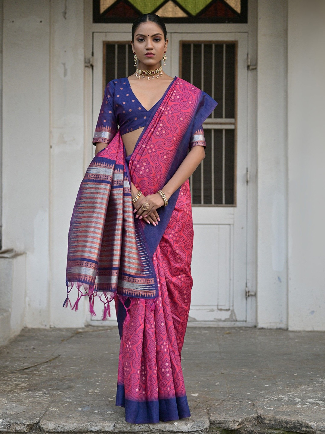 

Kandora Bandhani Printed Zari Pure Silk Saree, Pink