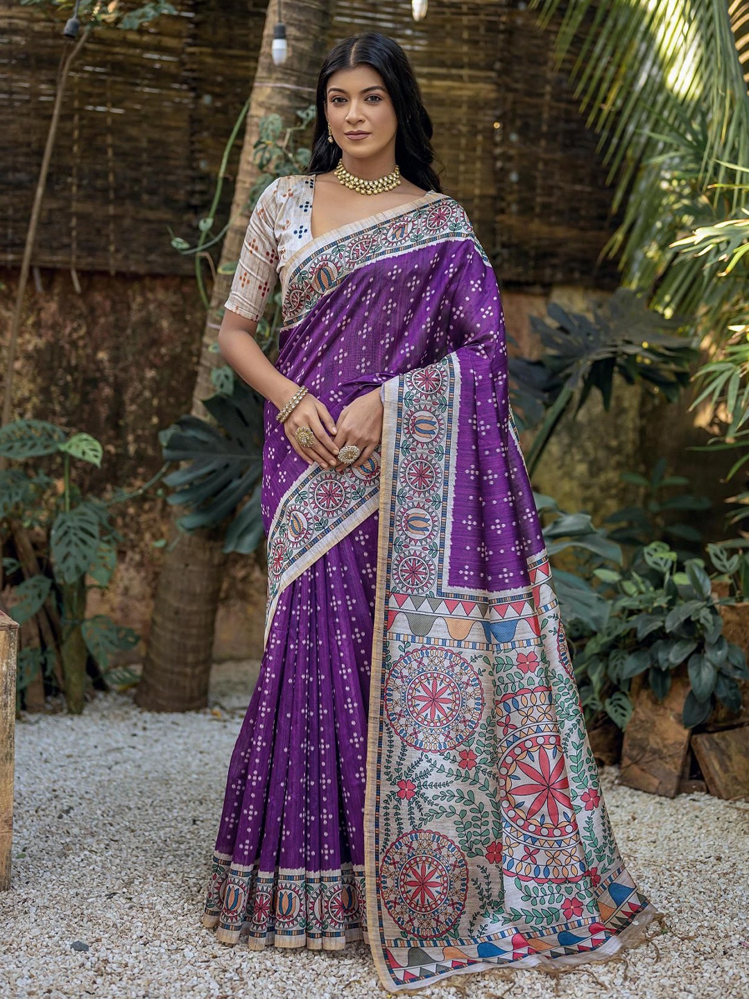 

Kandora Ethnic Motifs Printed Pure Silk Tussar Saree, Purple