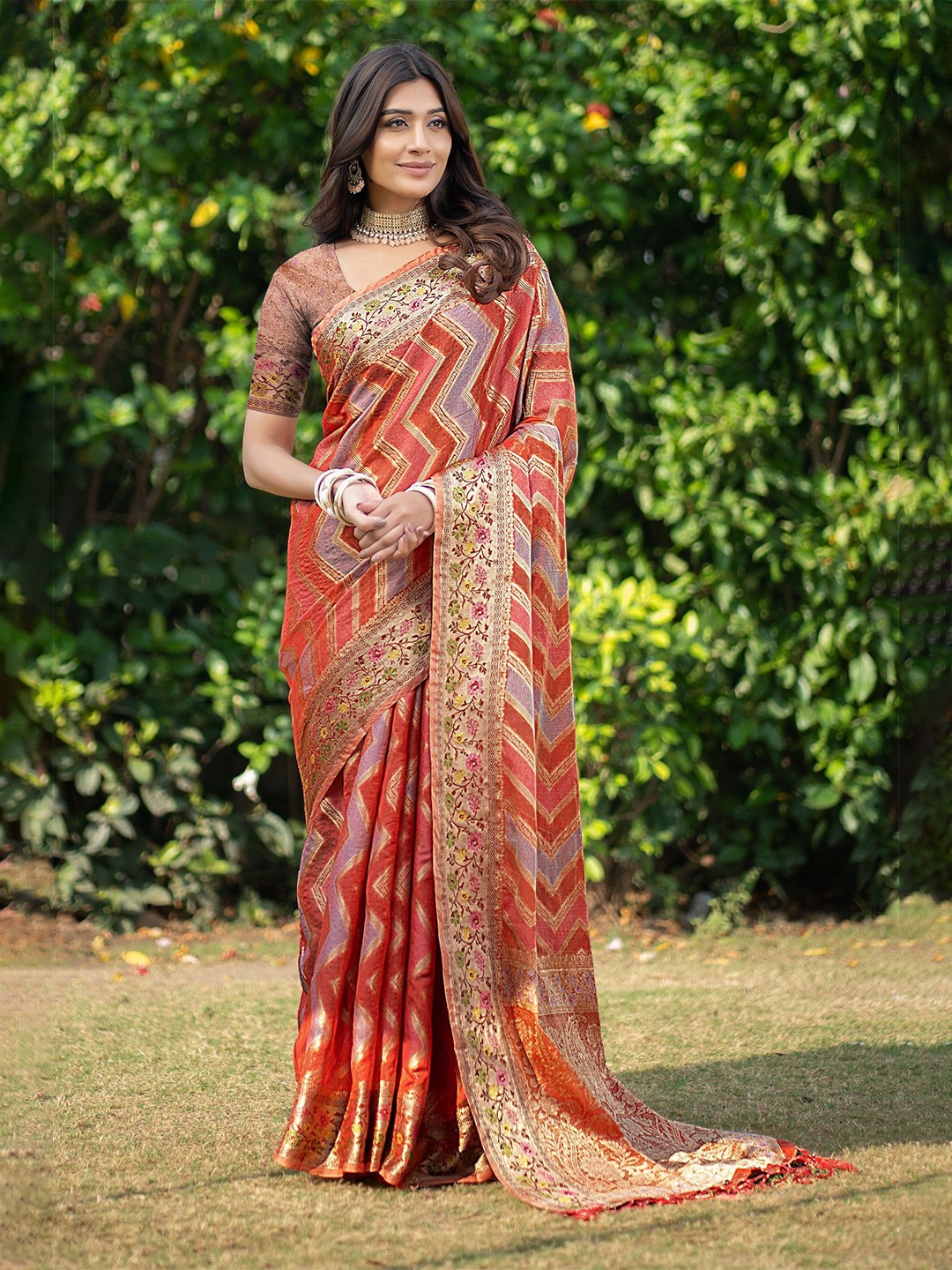 

MAHALASA Ethnic Motifs Zari Organza Saree, Orange