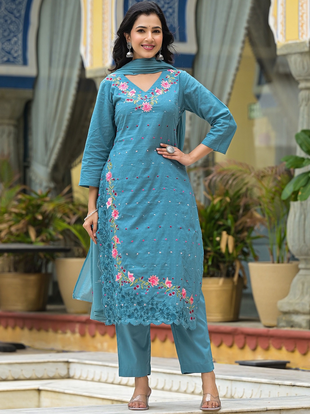 

ROOHANIYAT Floral Embroidered Thread Work Pure Cotton Kurta with Trouser & Dupatta, Blue