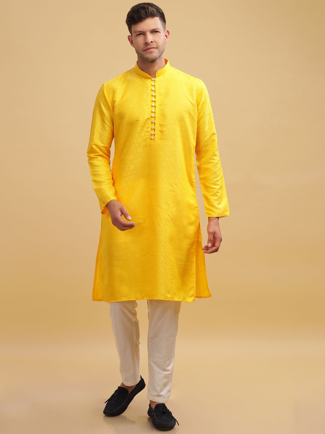 

Anouk Men Floral Self Printed Long Kurta, Yellow