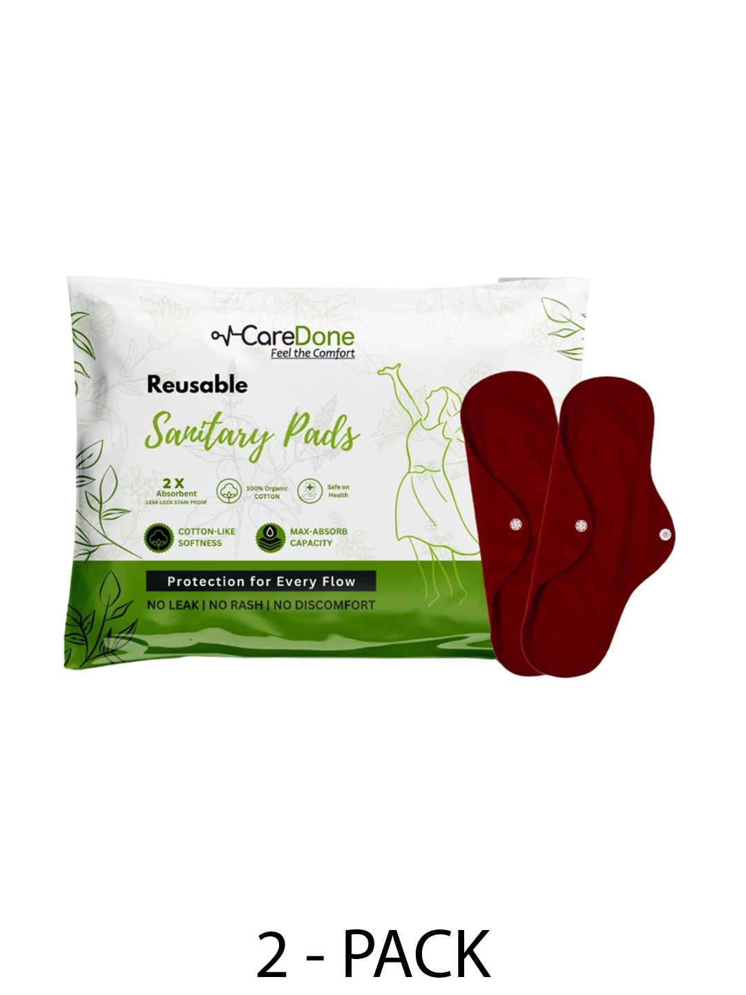 

CareDone Set Of 2 Washable & Reusable Sanitary Cloth Pads-XL, Maroon