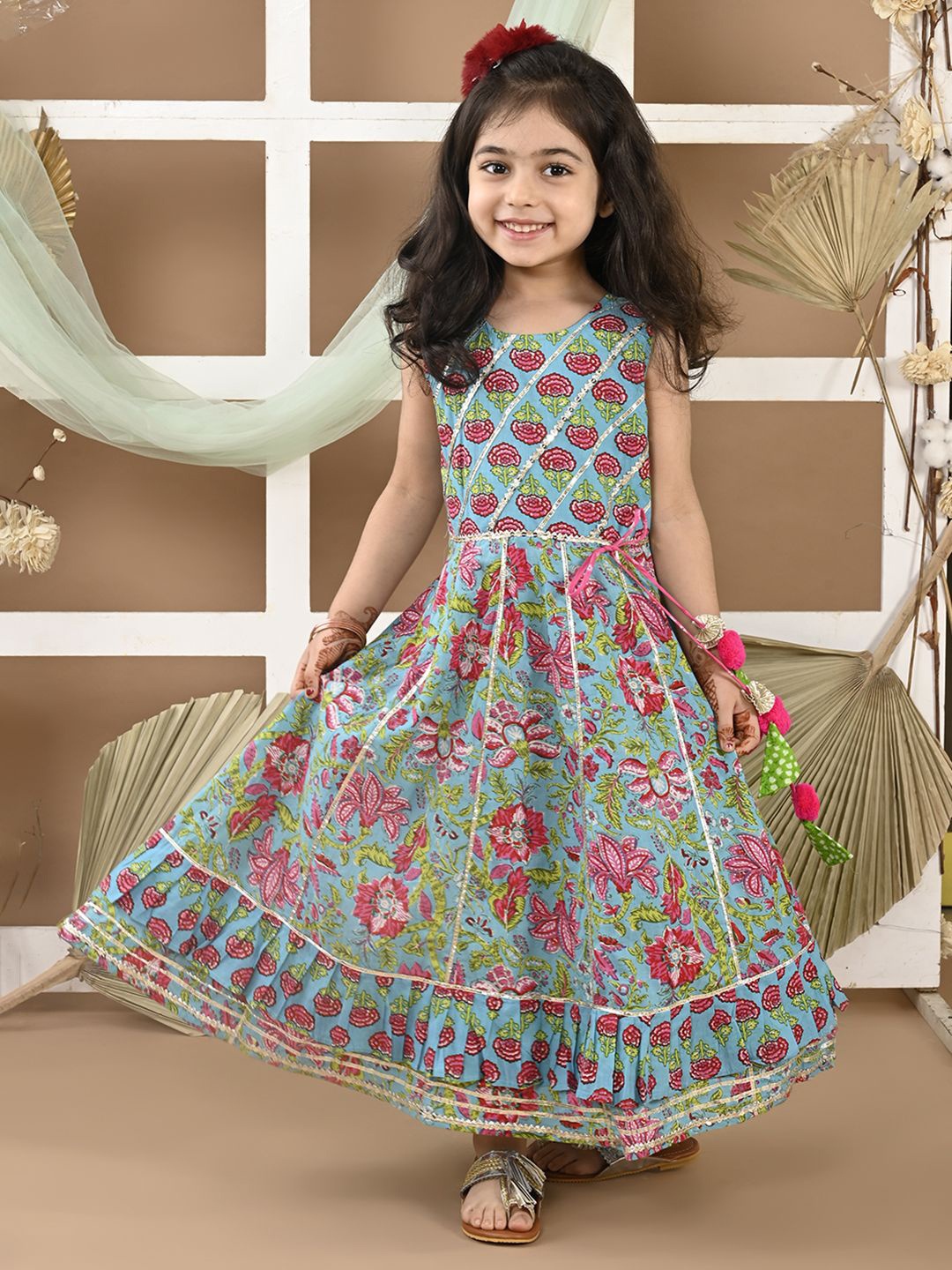 

LIL PITAARA Girls Floral Print A-Line Maxi Dress, Blue