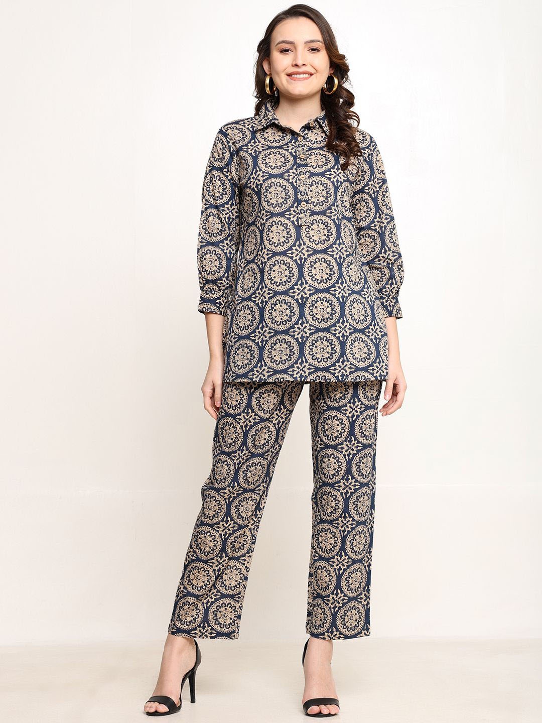 

CORDSET Ethnic Motifs Printed Pure Cotton Top & Trouser Co-ords, Blue