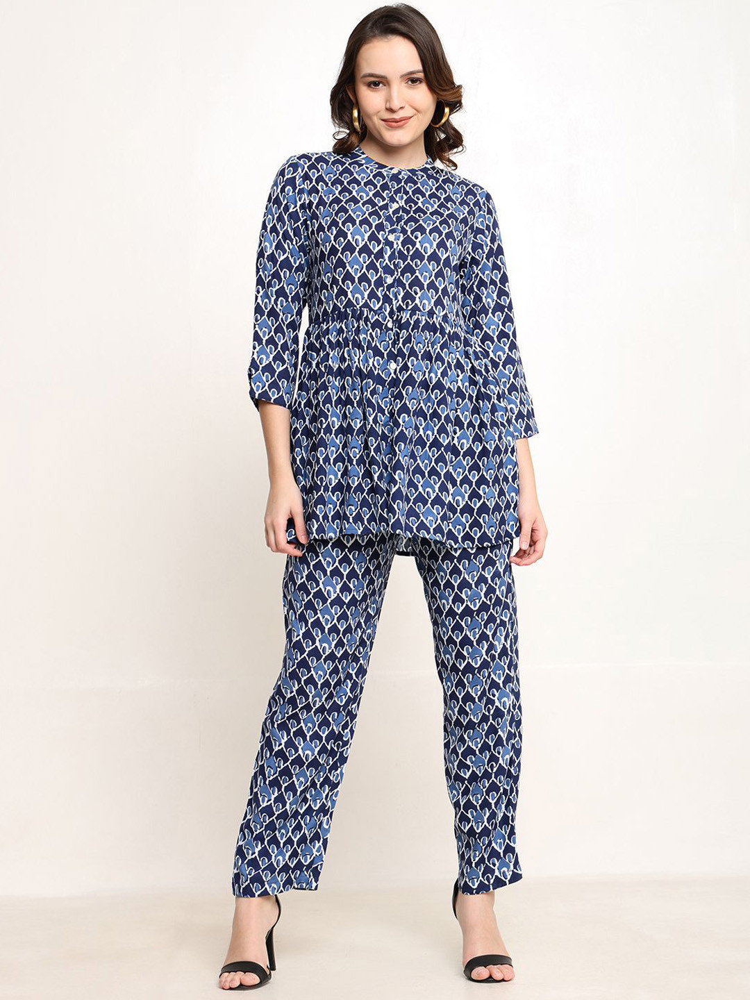 

CORDSET Printed Band Collar Three-Quarter Sleeves Pure Cotton Tunic With Trouser, Navy blue
