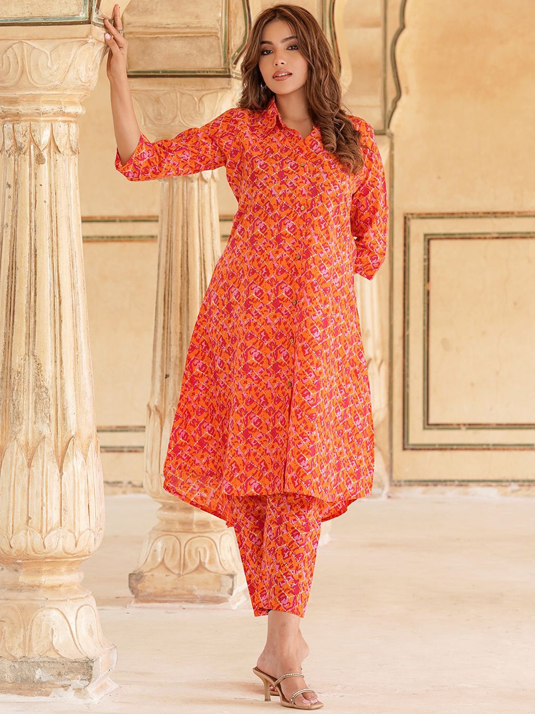 

BAESD Printed Cotton Straight Top With Trouser Co-ords, Orange