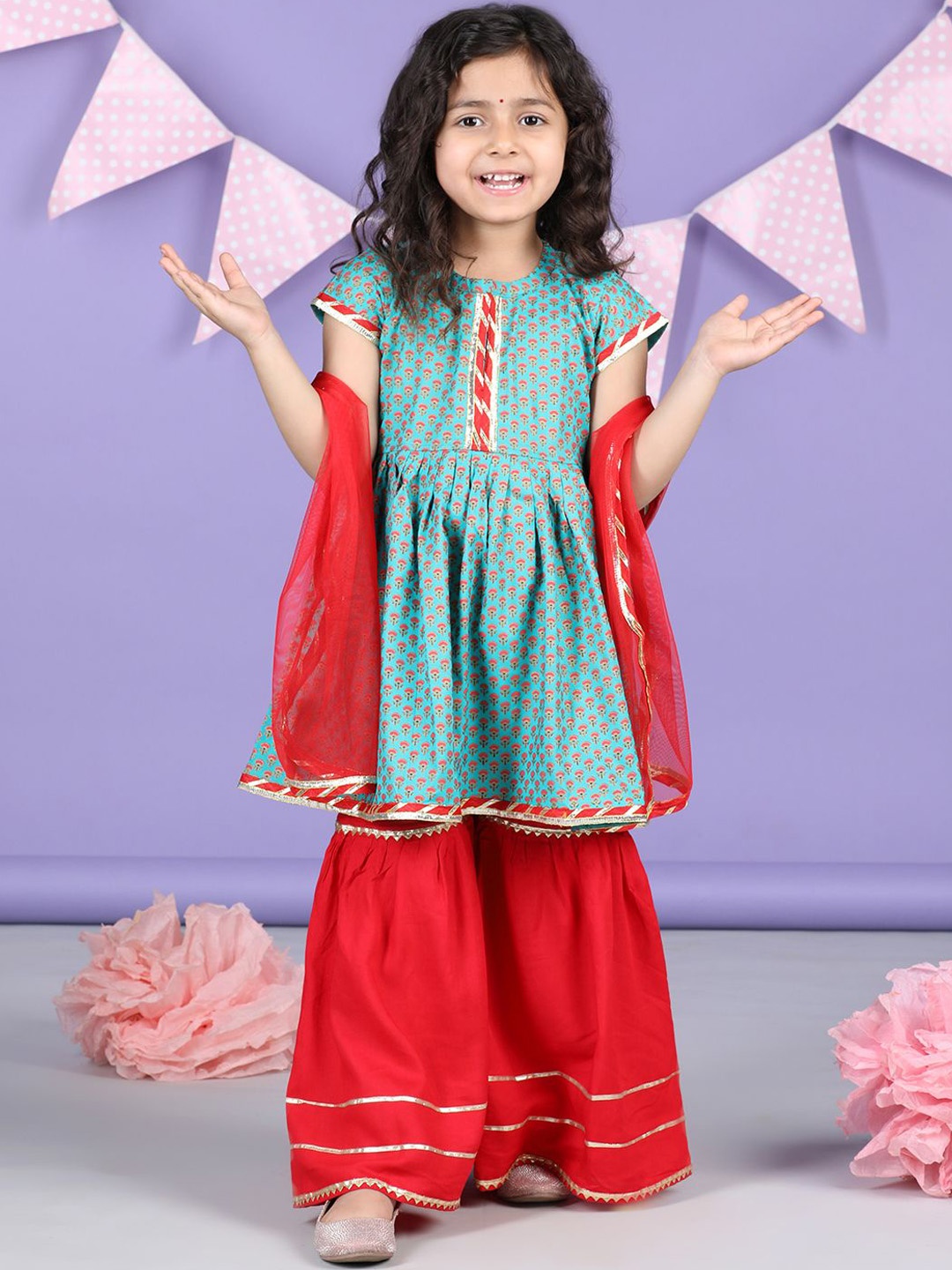 

Here&Now X Kinder Kids Girls Ethnic Motifs Printed Cotton Kurti with Sharara & Dupatta, Blue