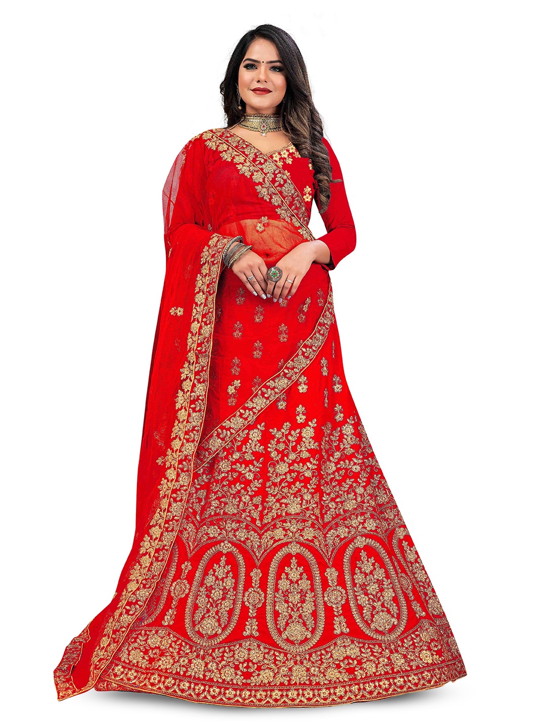 

Maroosh Embellished Thread Work Unstitched Lehenga & Blouse With Dupatta, Red