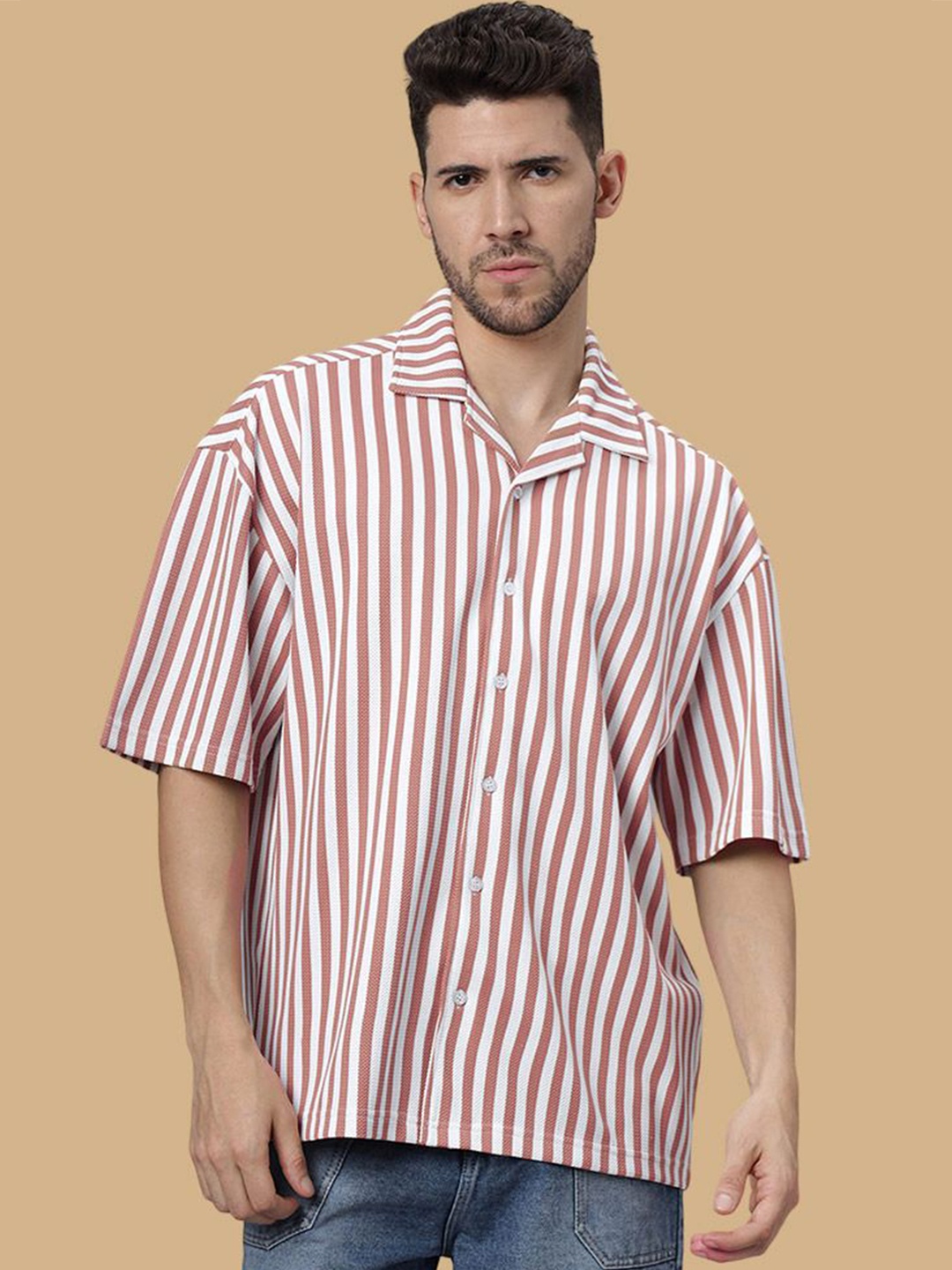 

Wear Your Opinion Men Relaxed Cuban Collar Vertical Striped Oversized Casual Shirt, Rust