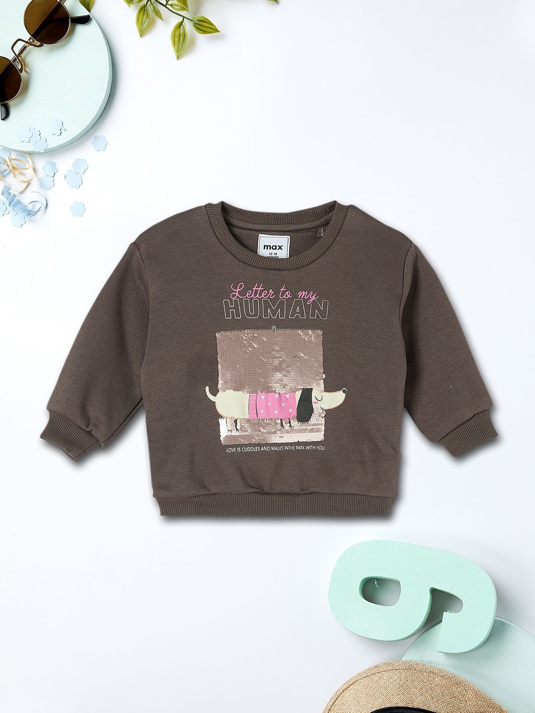 

max Girls Graphic Printed Round Neck Cotton Pullover Sweatshirt, Grey