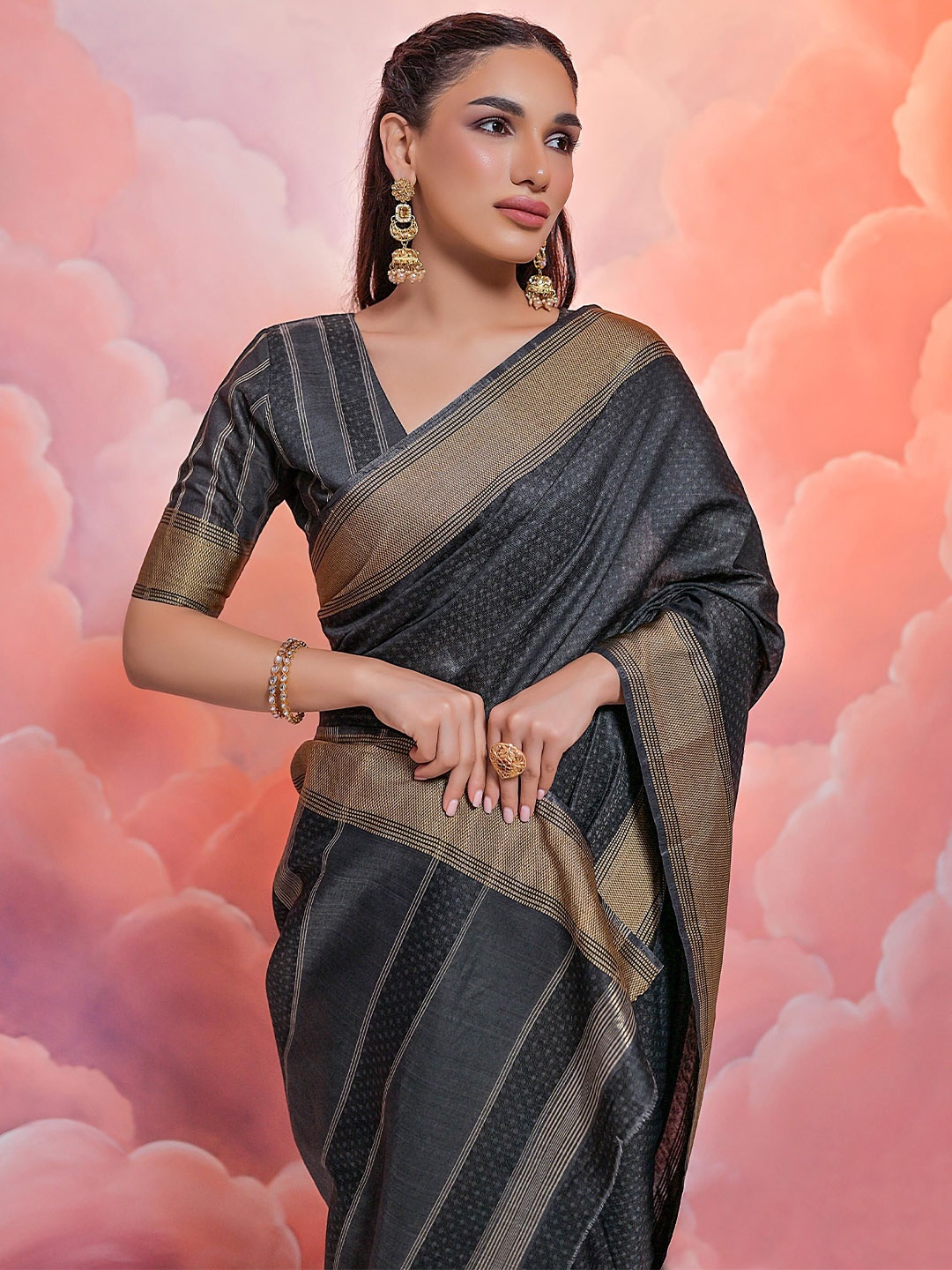 

Kandora Woven Design Printed Zari Pure Silk Saree, Black