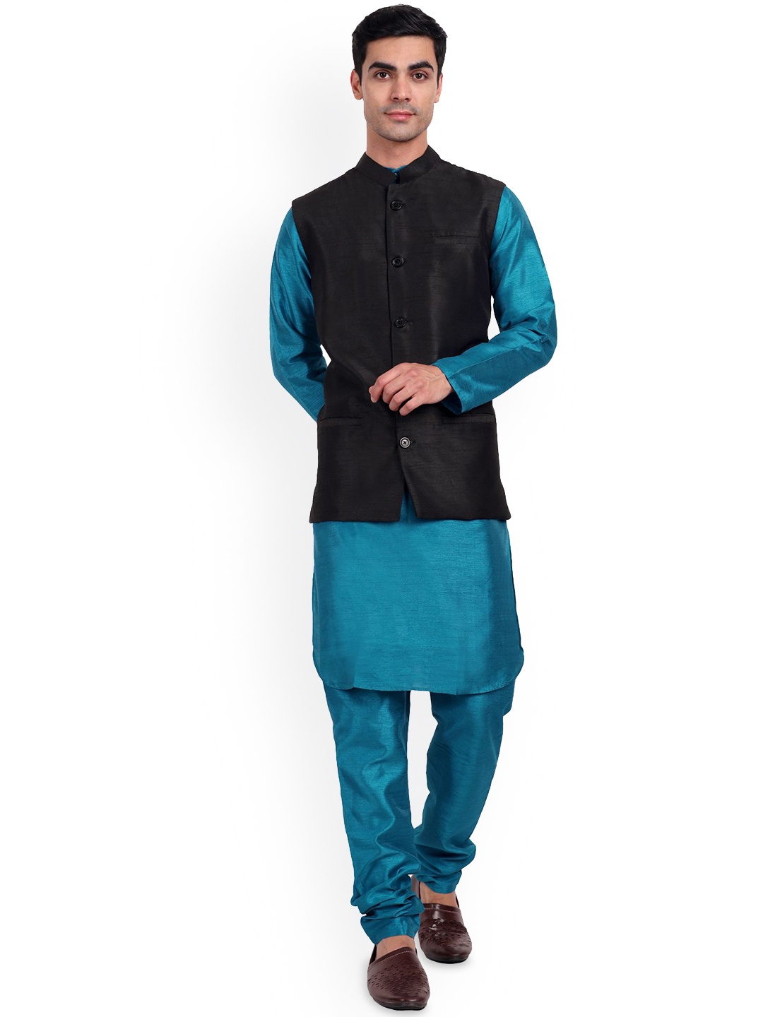 

Enciger Men Regular Dupion Silk Kurta Pajama with Churidar & with Nehru Jacket, Black