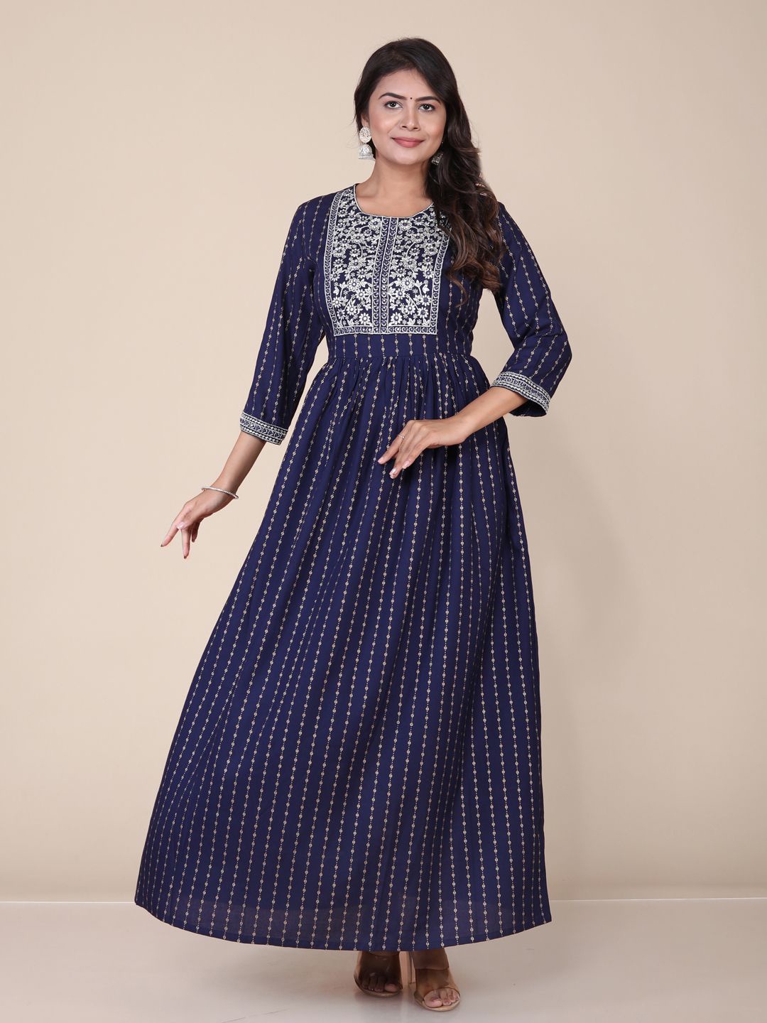 

HERE&NOW Embroidered Round Neck Fit & Flared Maxi Dress, Blue