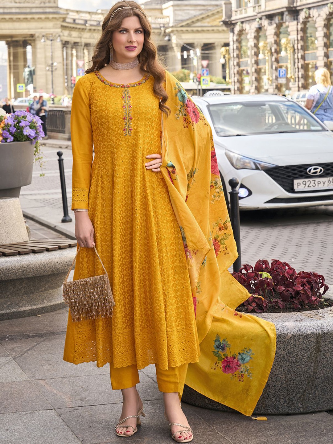 

MOJILAA Women Ethnic Motifs Embroidered Regular Chikankari Kurta with Trousers & With Dupatta, Mustard