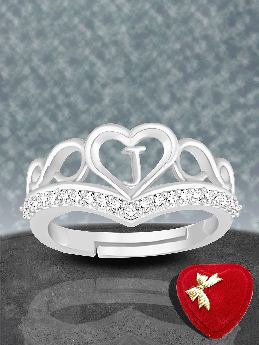 

Lila Silver-Plated American Diamond Stone Studded Alphabet J Adjustable Finger Ring