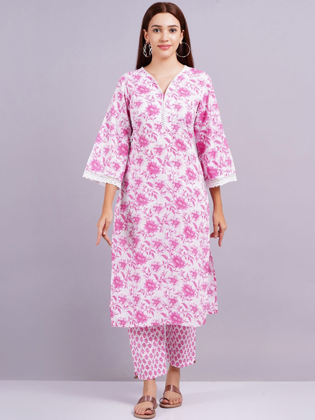 

KALINI Floral Printed V-Neck Regular Pure Cotton Straight Kurta With Trouser, Pink