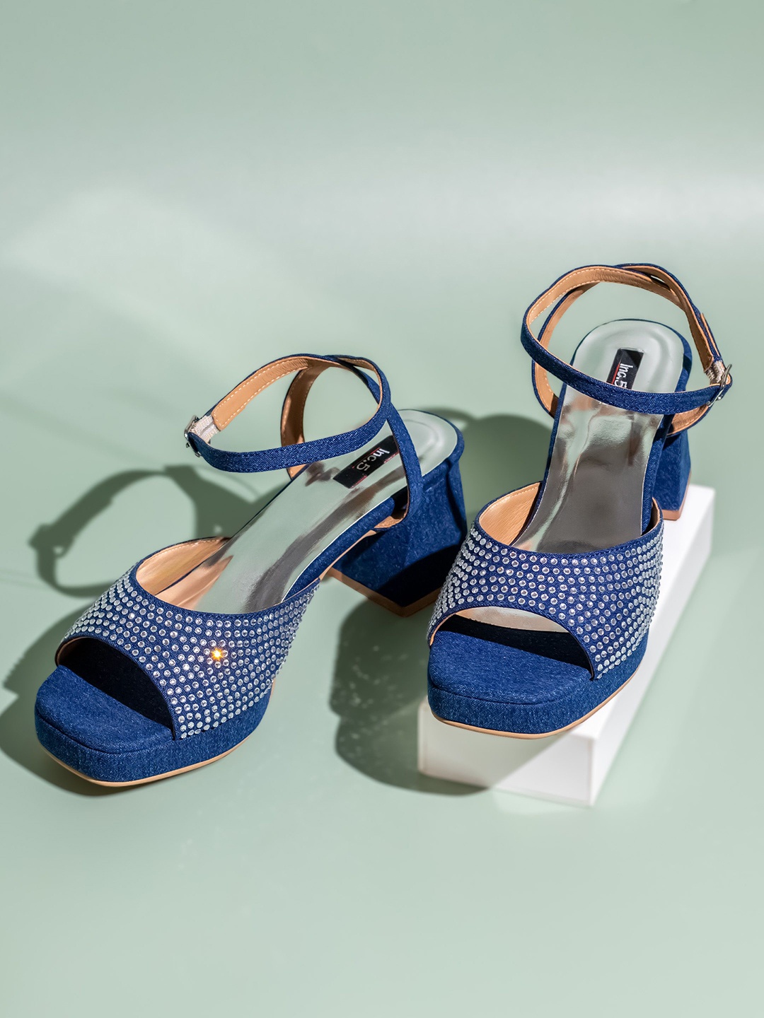 

Inc 5 Women Embellished Open Toe Block Heel Sandals, Blue