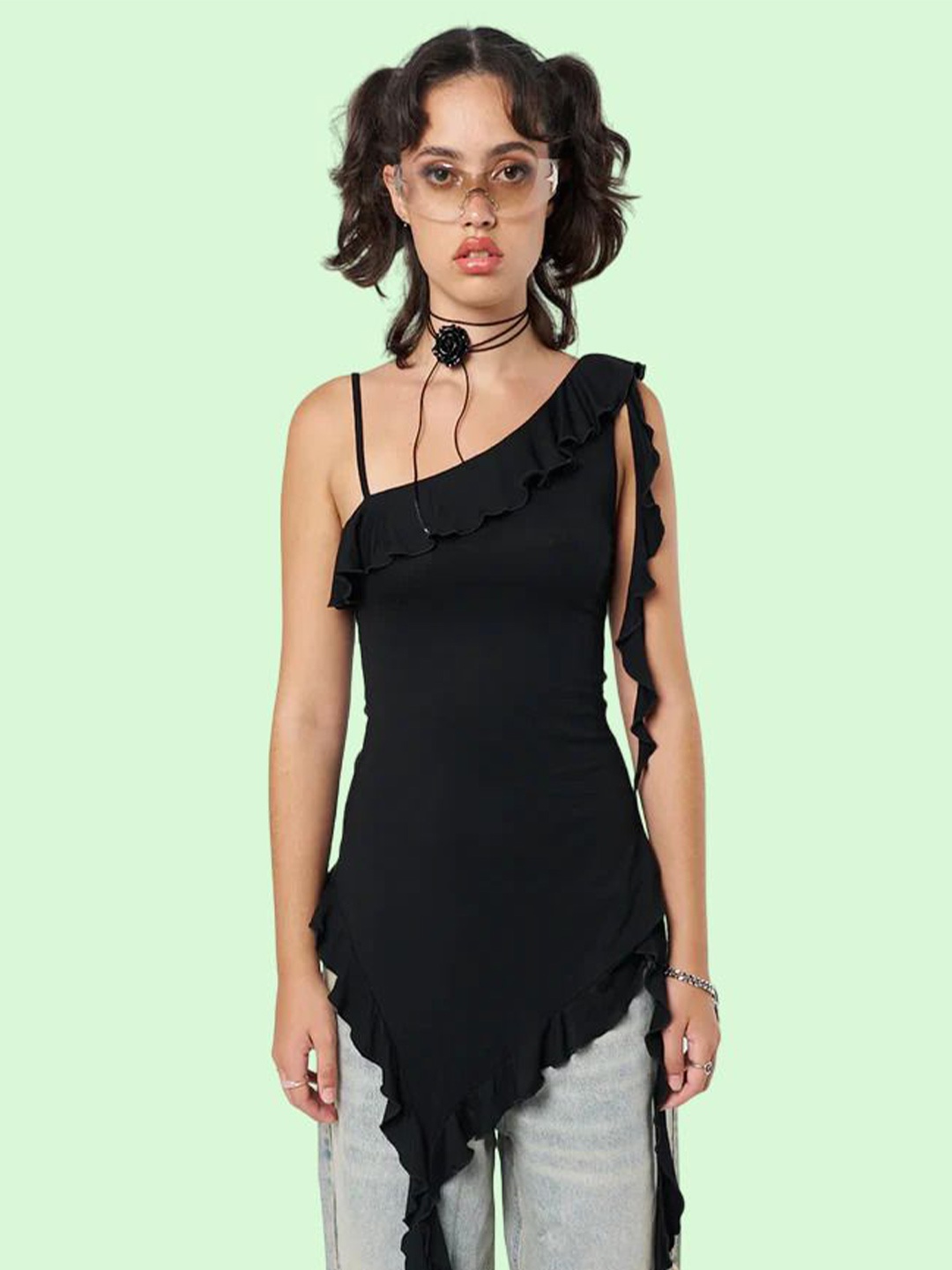 

Dracht Women Solid One Shoulder Cotton Top, Black