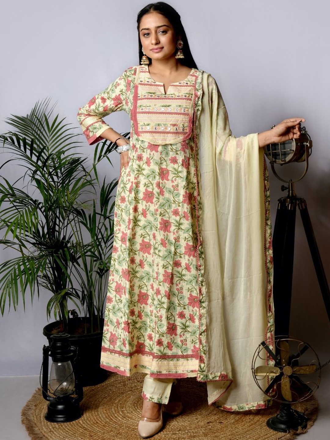 

EKISHA Floral Printed Mirror Work Notch Neck Pure Cotton Kurta with Trouser & Dupatta, Yellow