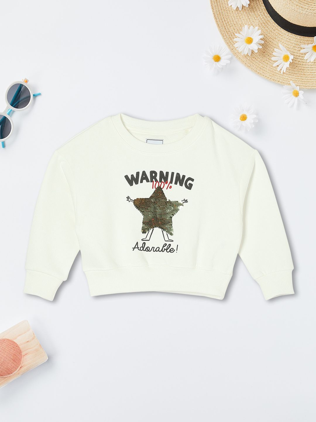 

max Girls Graphic Printed Round Neck Cotton Pullover Sweatshirt, Beige