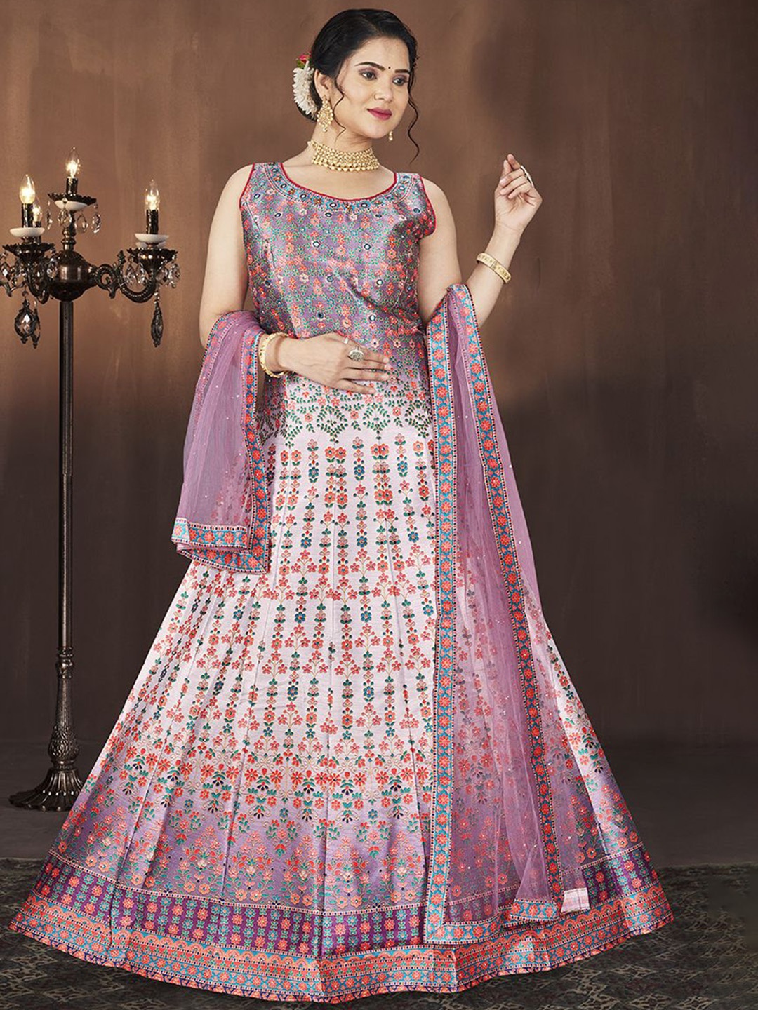 

Krimmple Printed Fit & Flared Maxi Ethnic Dress With Dupatta, Magenta