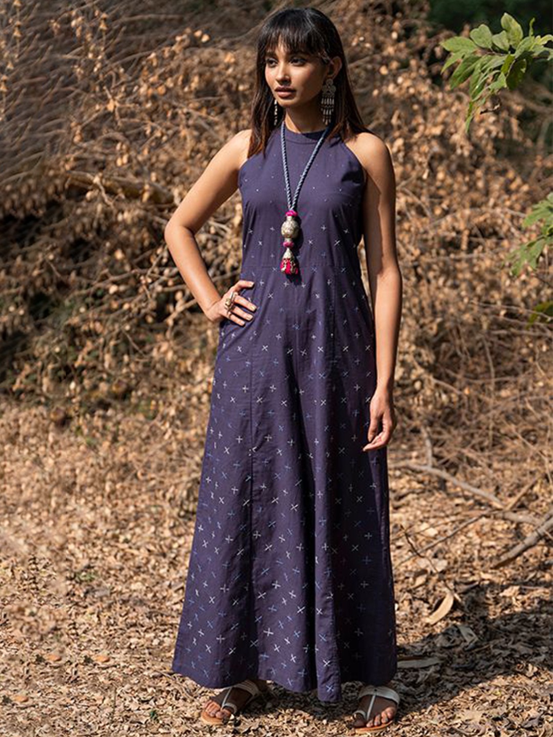 

OKHAI Cotton Printed Basic Jumpsuit, Navy blue