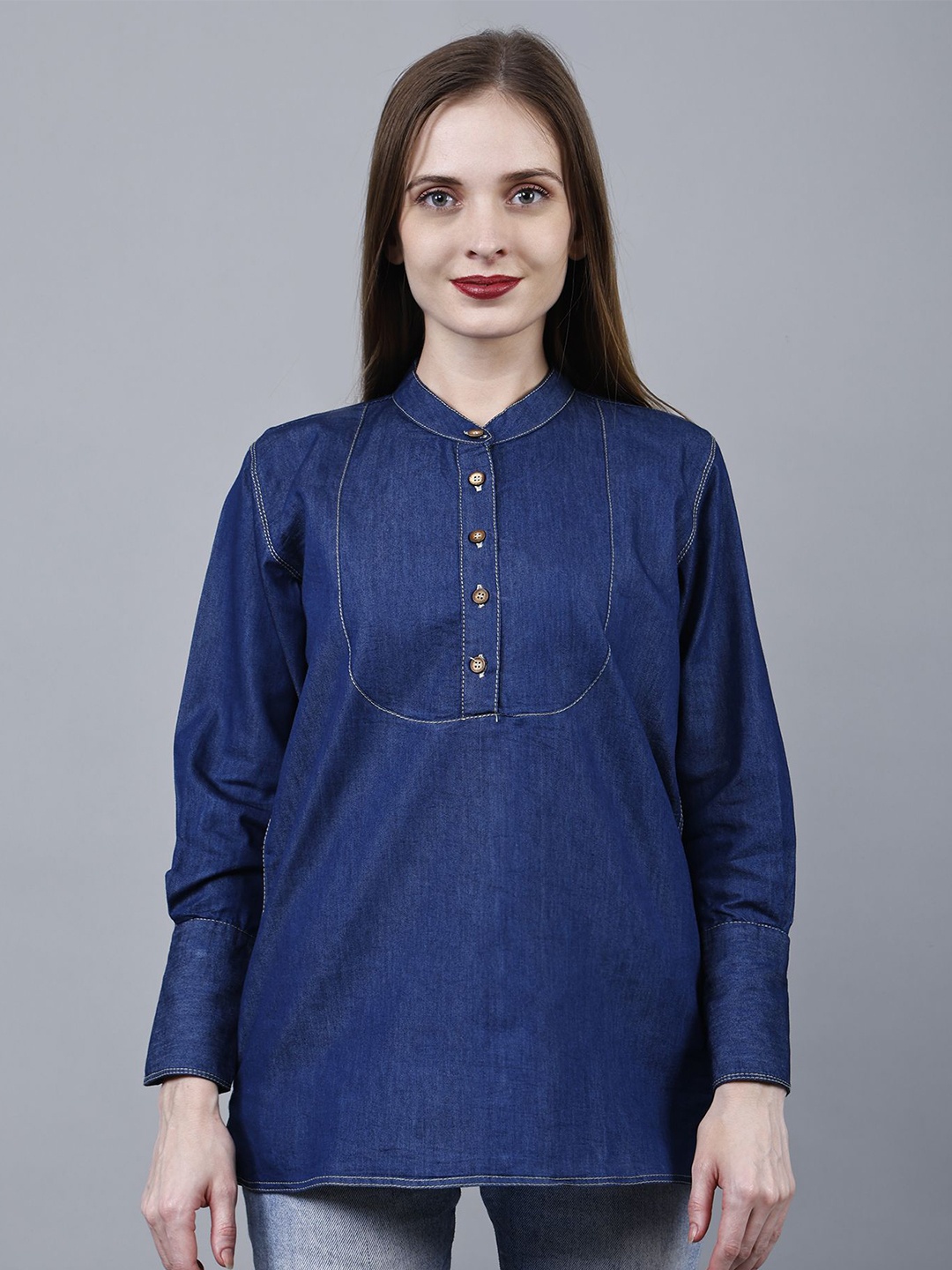

Codaisy Mandarin Collar Denim Shirt Style Top, Blue