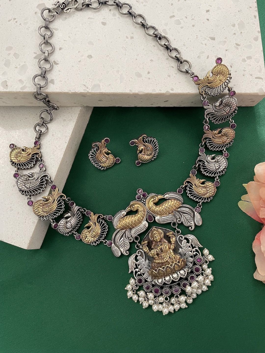 

Digital Dress Room Silver Plated Stone & Bead Studded Lakshmi Peacock Necklace & Earrings
