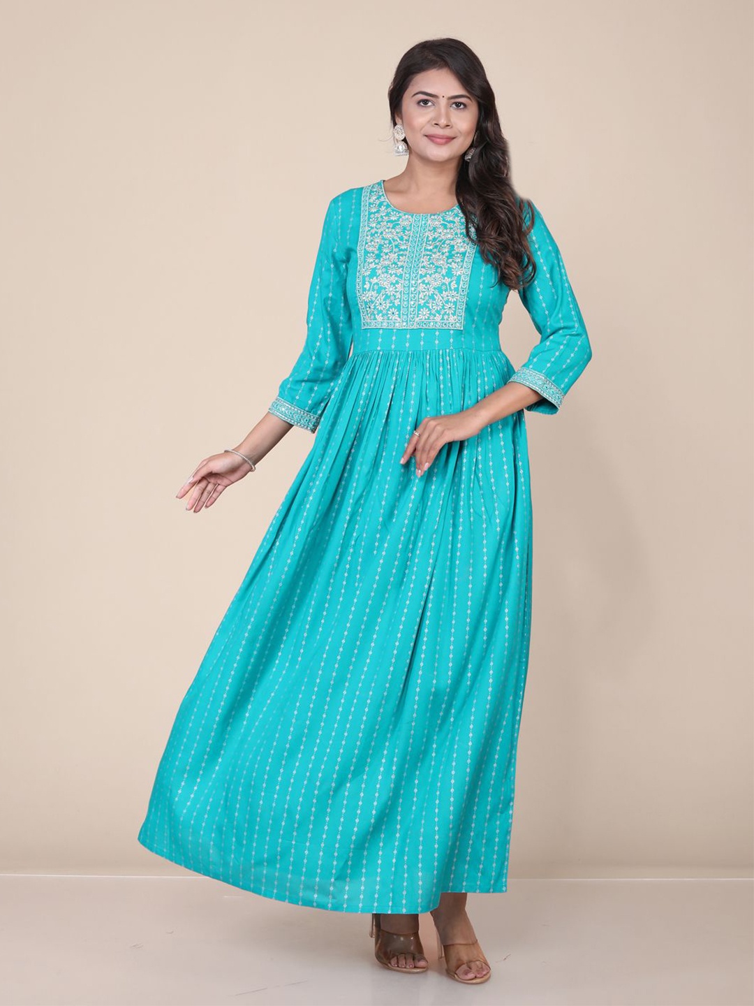 

HERE&NOW Women Embroidered Round Neck Fit & Flared Ethnic Dress, Teal