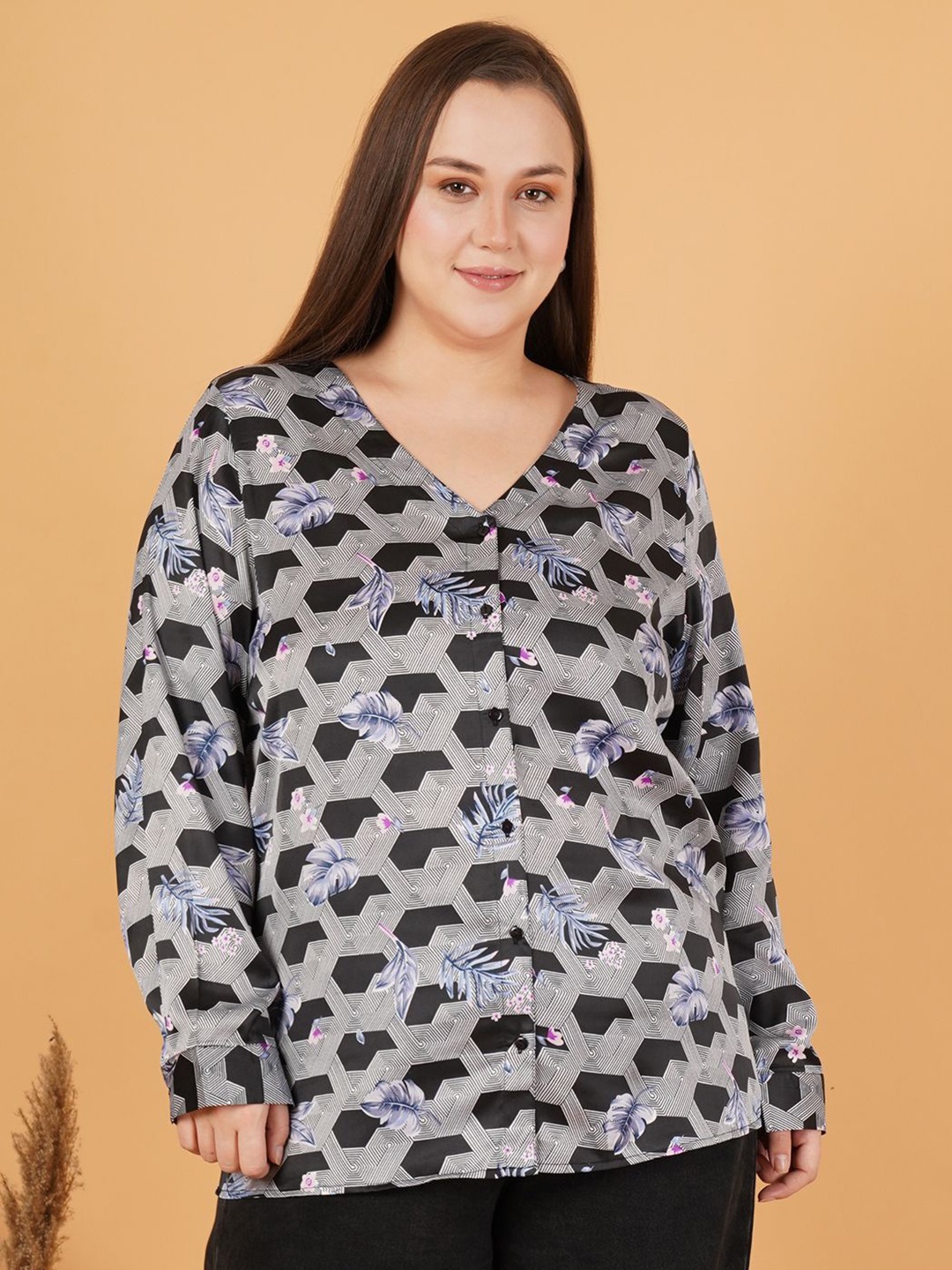 

Sztori Women Geometric Printed Mandarin Collar Plus Size Top, Grey
