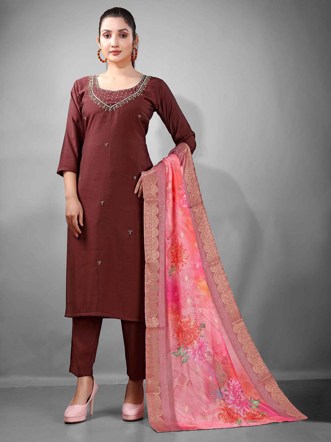 

NE STYLE Women Floral Embroidered Regular Mirror Work Kurti with Trousers & Dupatta, Coffee brown