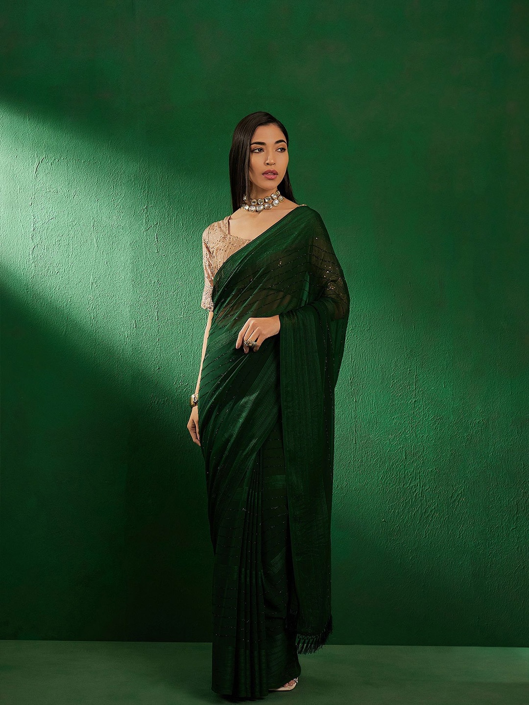 

Maroosh Striped Sequinned Banarasi Saree, Green