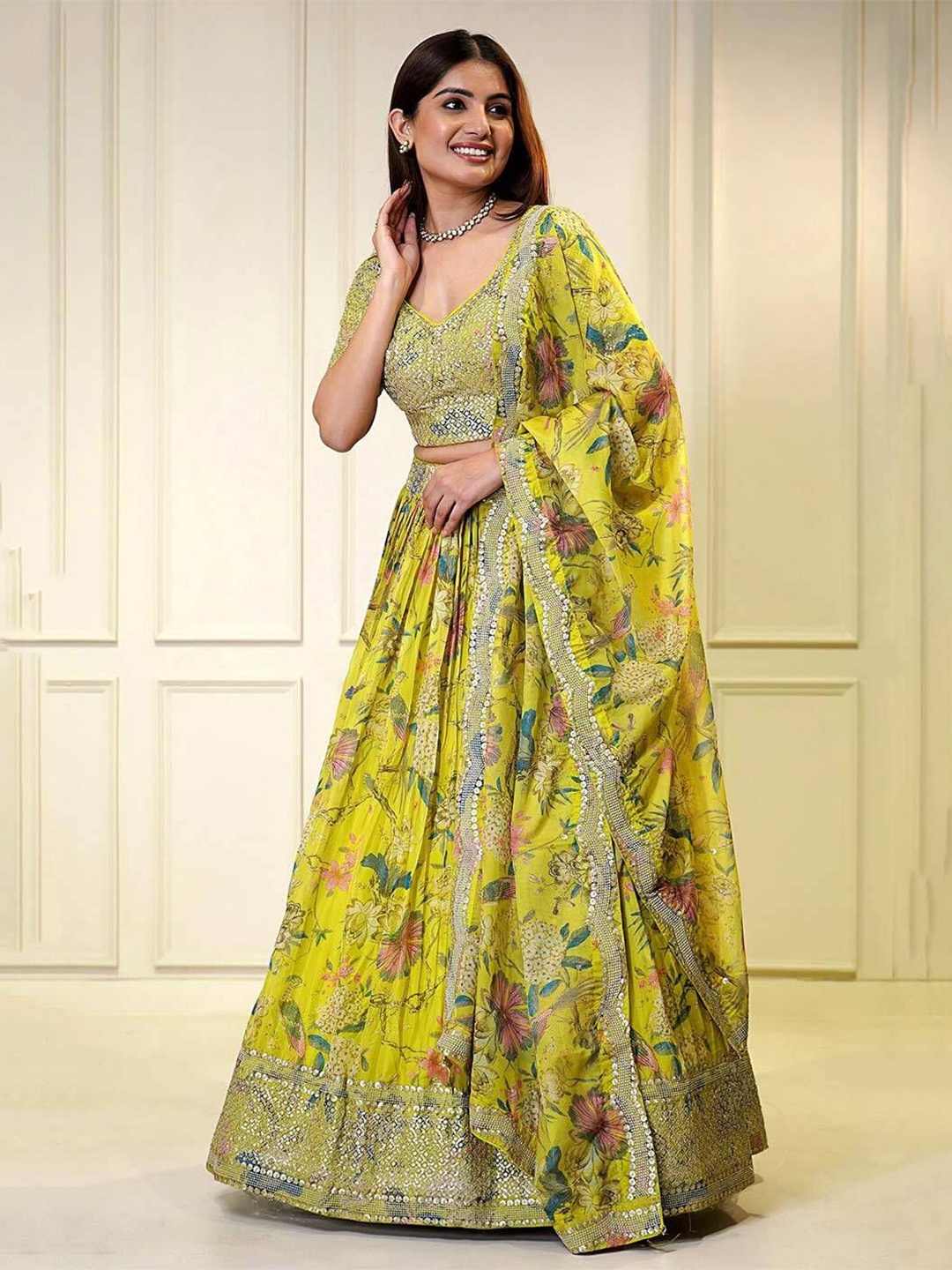 

JIHU CULTURE Printed Semi-Stitched Lehenga & Unstitched Blouse With Dupatta, Yellow