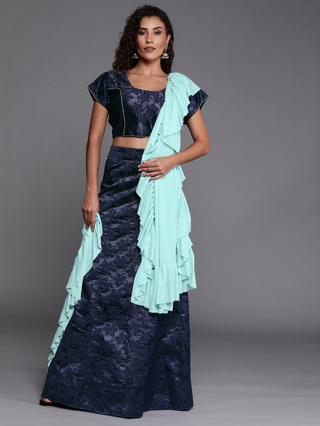 

Maroosh Thread Work Unstitched Lehenga & Blouse With Dupatta, Navy blue