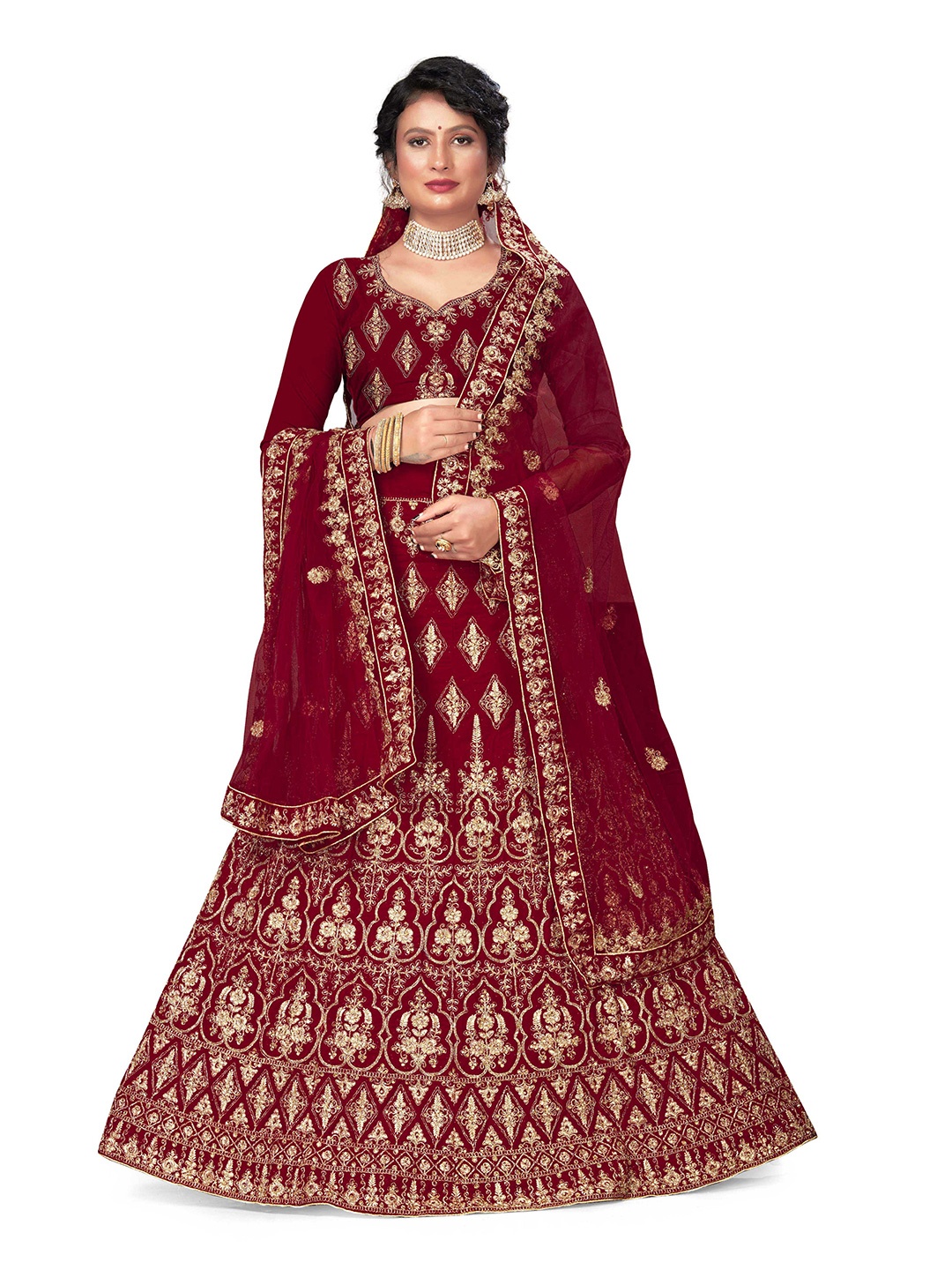 

Maroosh Embellished Thread Work Unstitched Lehenga & Blouse With Dupatta, Maroon