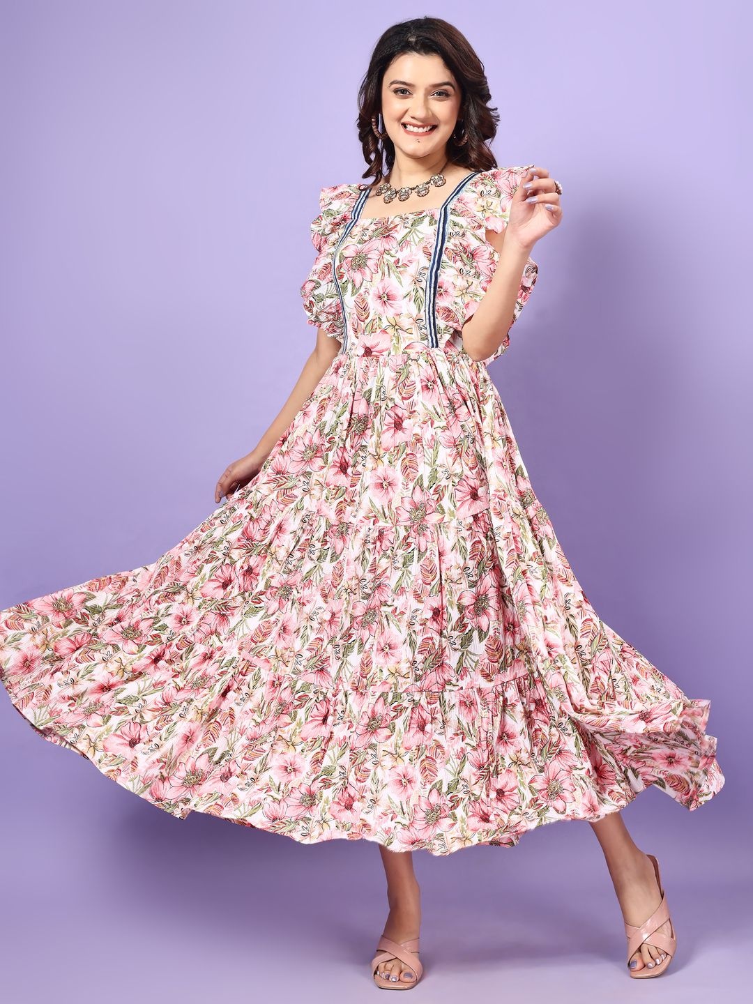 

Ethnic Yard Women Floral Print A-Line Midi Dress, White