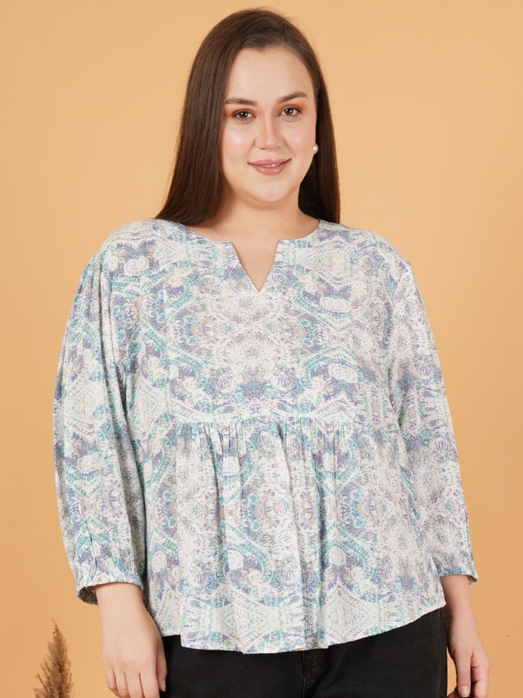 

Sztori Women Abstract Printed Round Neck Plus Size Top, Blue
