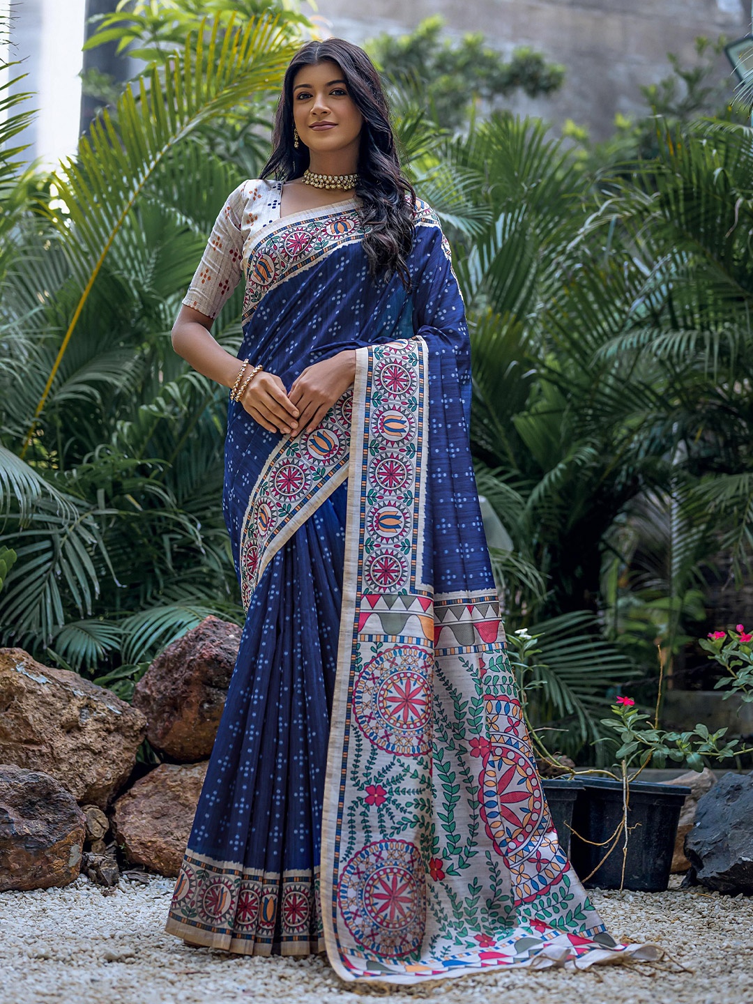 

Kandora Geometric Printed Pure Silk Tussar Saree, Blue