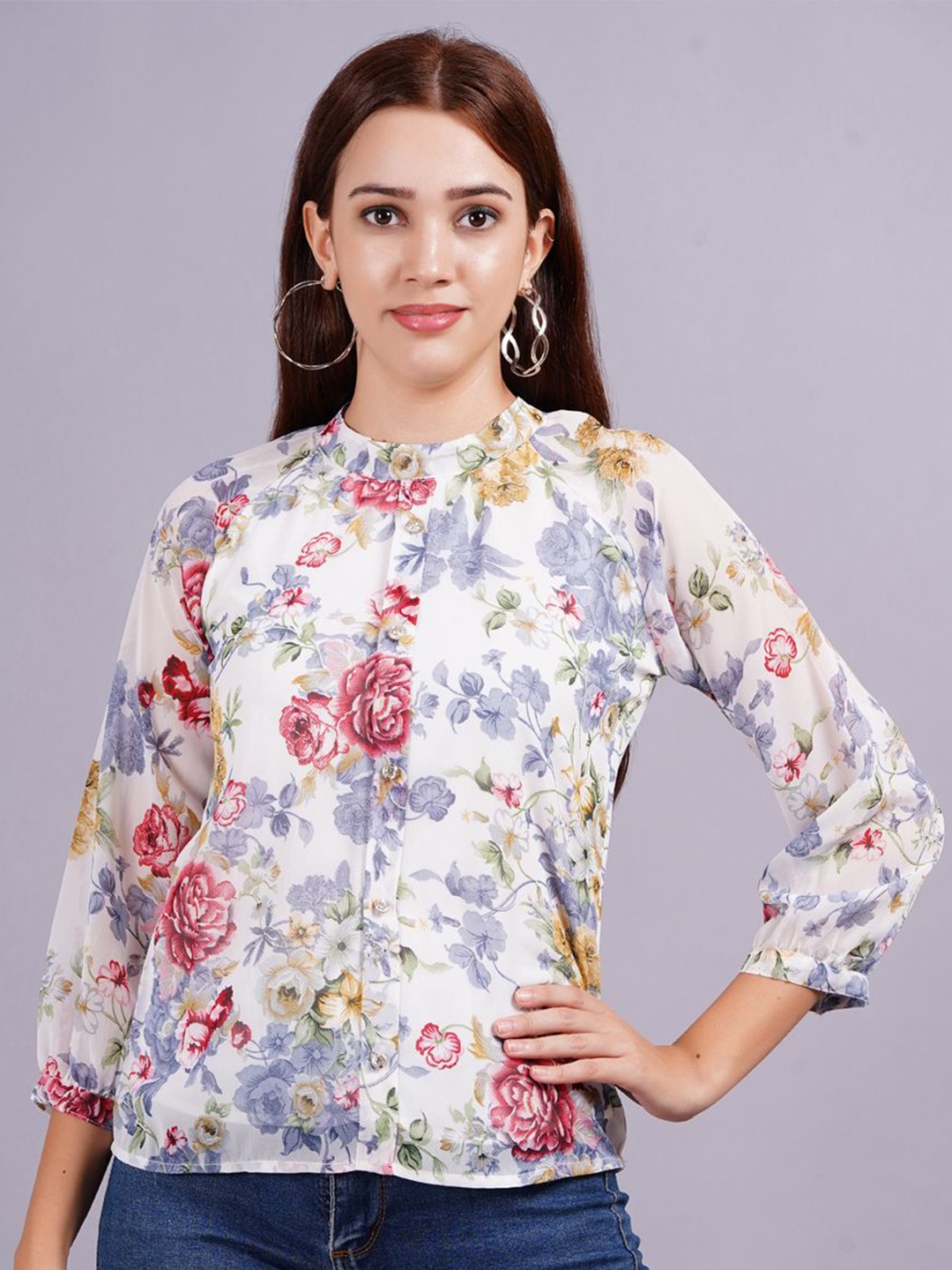 

HIGHLIGHT FASHION EXPORT Women Floral Printed High Neck Top, White