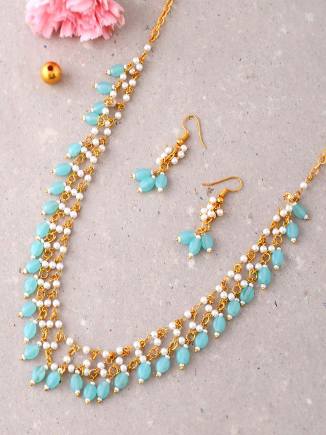 

DASTOOR Bead Studded Necklace and Earrings, Gold