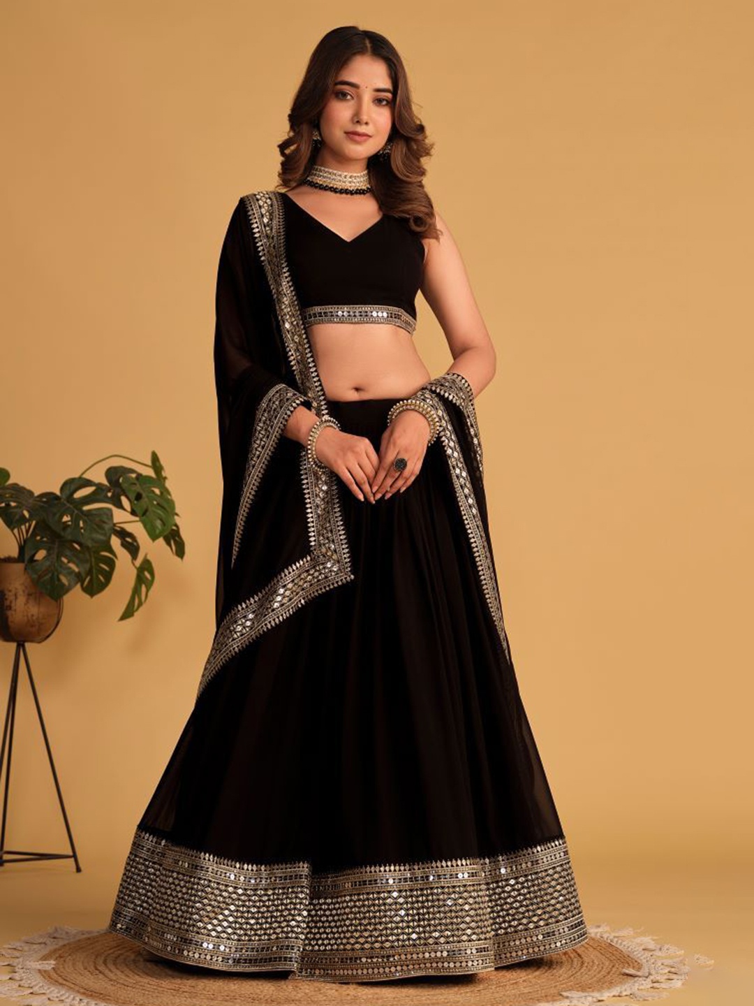 

Anara Embroidered Mirror Work Ready to Wear Lehenga & Unstitched Blouse With Dupatta, Black