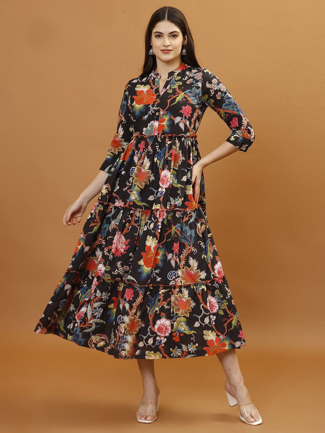 

Meena Bazaar Floral Printed Cotton Fit & Flare Midi Dress, Black