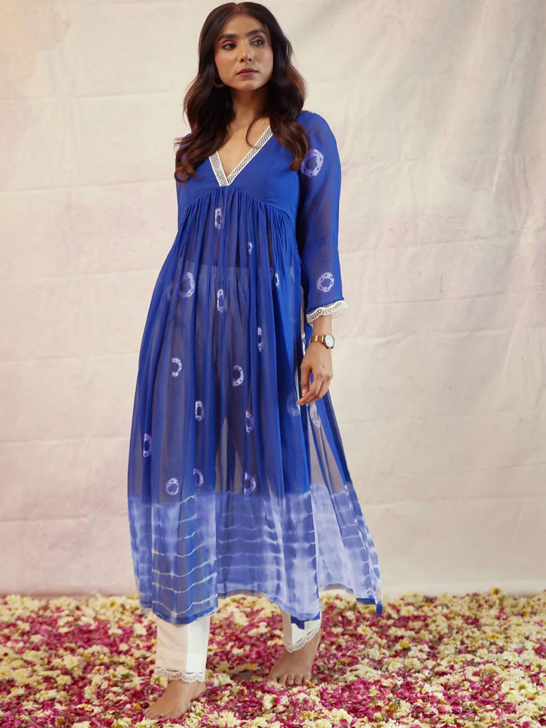 

KALINI Women Bandhani Dyed Pleated Kurta with Palazzos, Blue