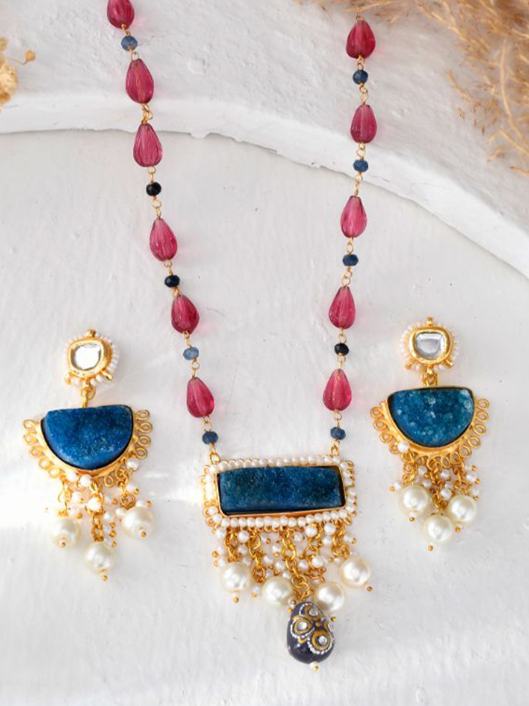 

DASTOOR Brass-Plated Stone-Studded & Beaded Jewellery Set, Gold