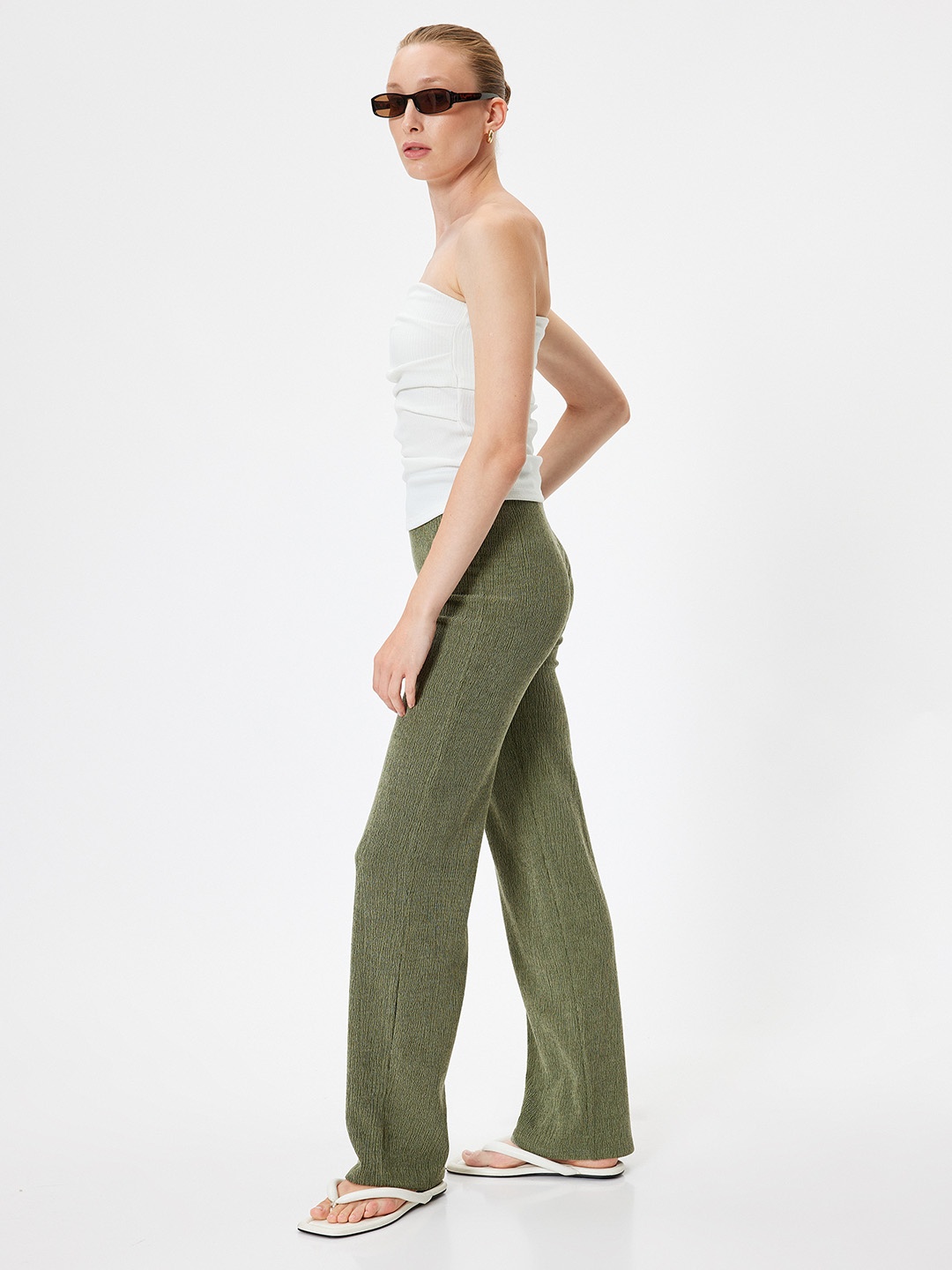 

Koton Women Textured Straight Fit Mid-Rise Trousers, Olive