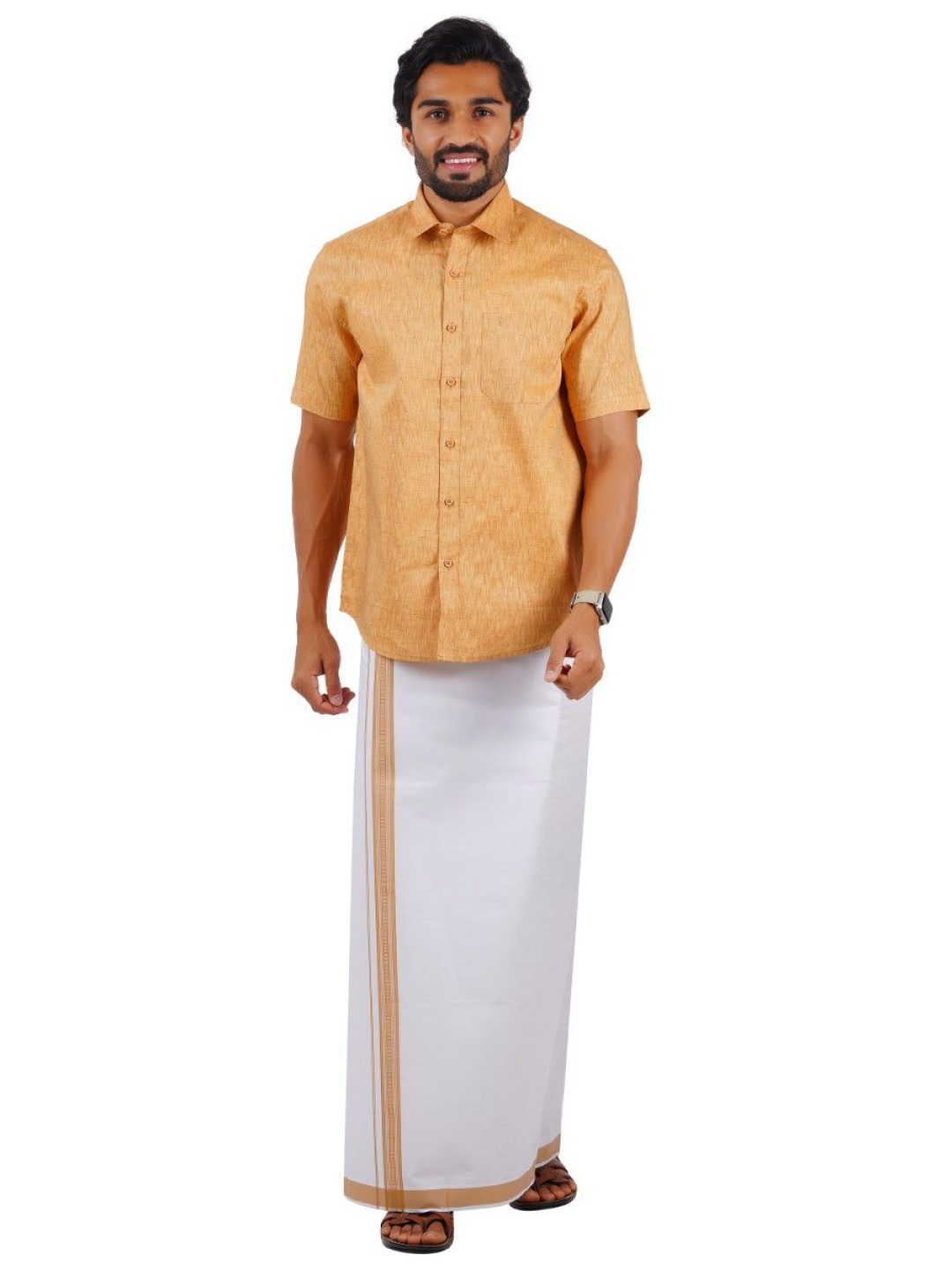 

Ramraj Men Pure Cotton Shirt With Adjustable Dhoti, Orange